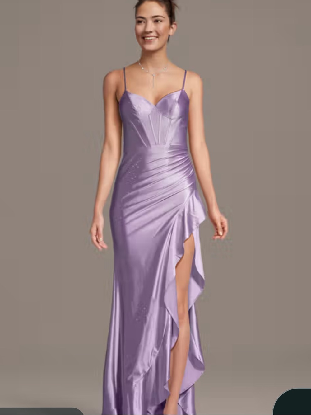 JULES AND CLEO
Sculpting Satin V-Neck Corset Ruffle Sheath Dress